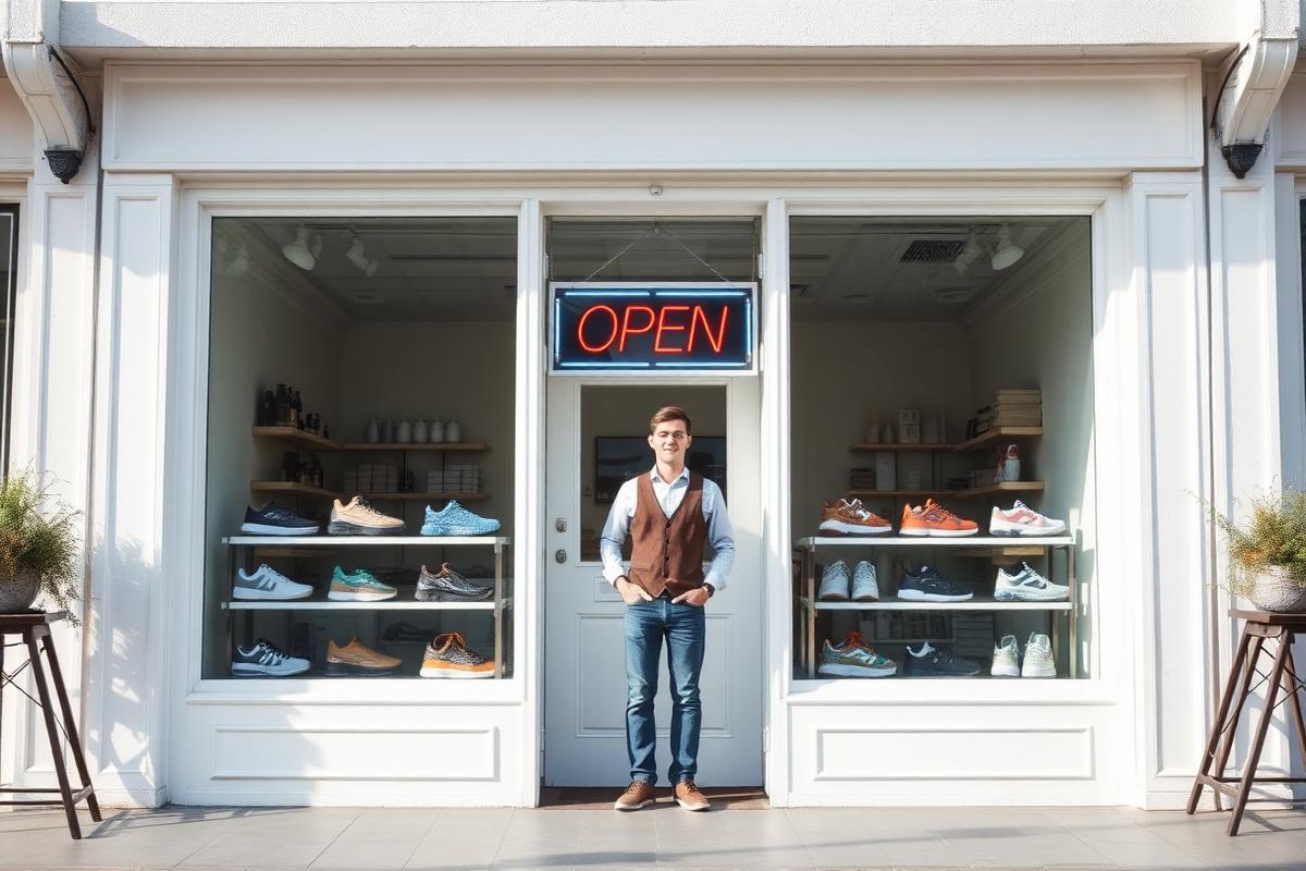 Small business owner standing in the doorway of a bright local storefront