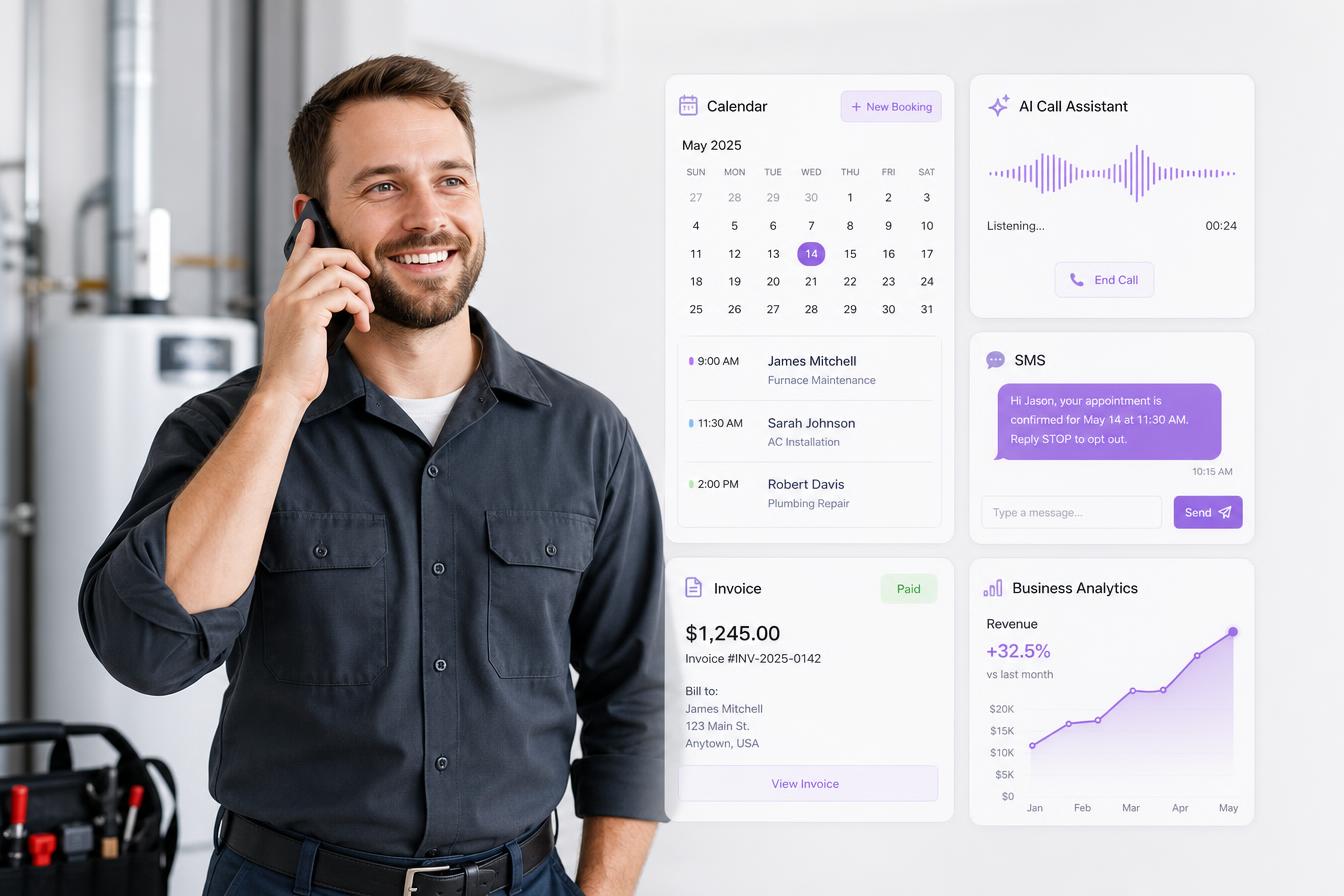 Service worker on a phone with AI booking, calls, SMS, invoice, and analytics graphics