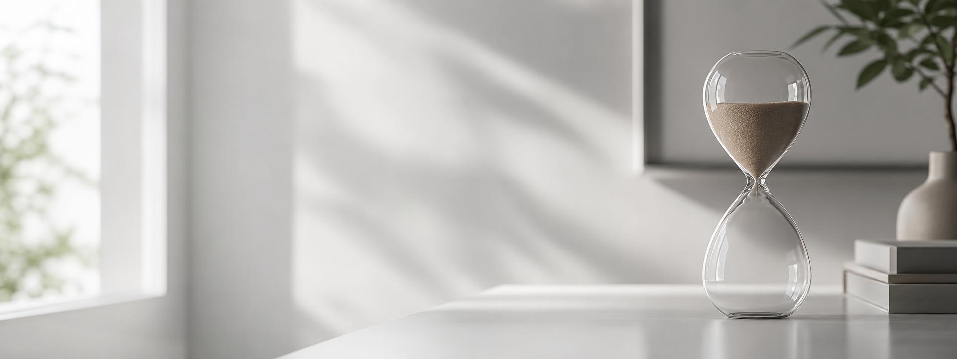 Hourglass on a clean desk with all the sand at the top, symbolizing that all the time in the world is yours now