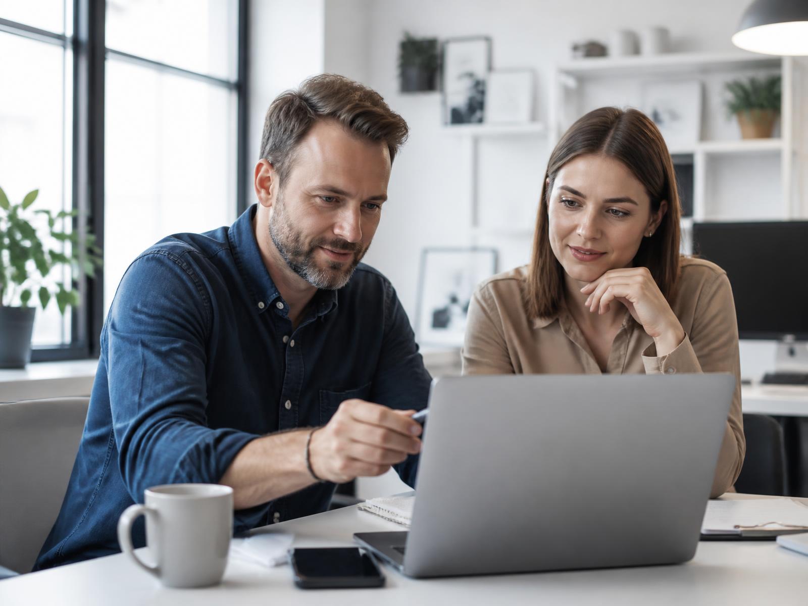 Business owner and office manager reviewing a performance dashboard on a laptop
